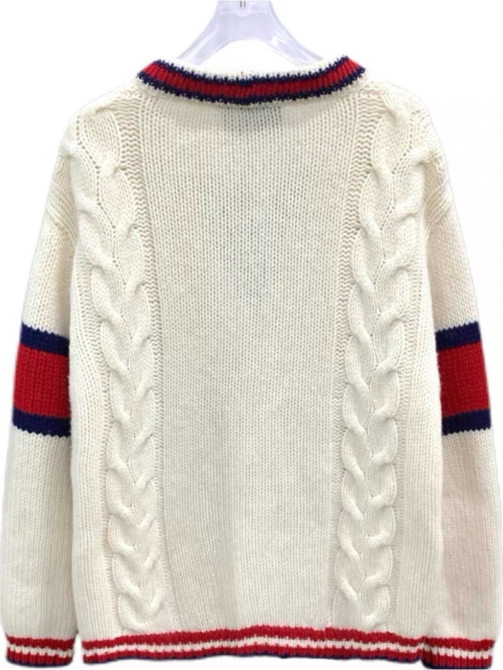 🚩steal Gucci Cream Cable-Knit Cardigan with Red & Blue Trim and Dog Motifs - Picture 2 of 7